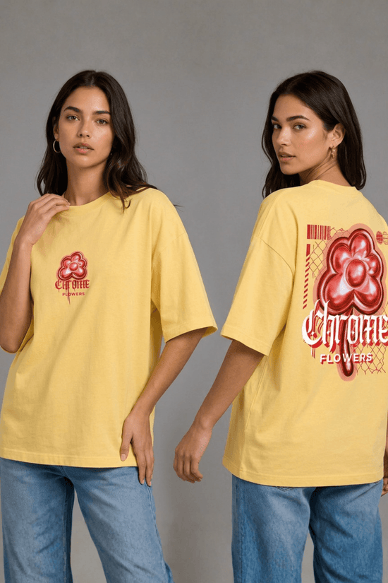 Women’s Printed Oversized  T-Shirt – Chrome Flowers