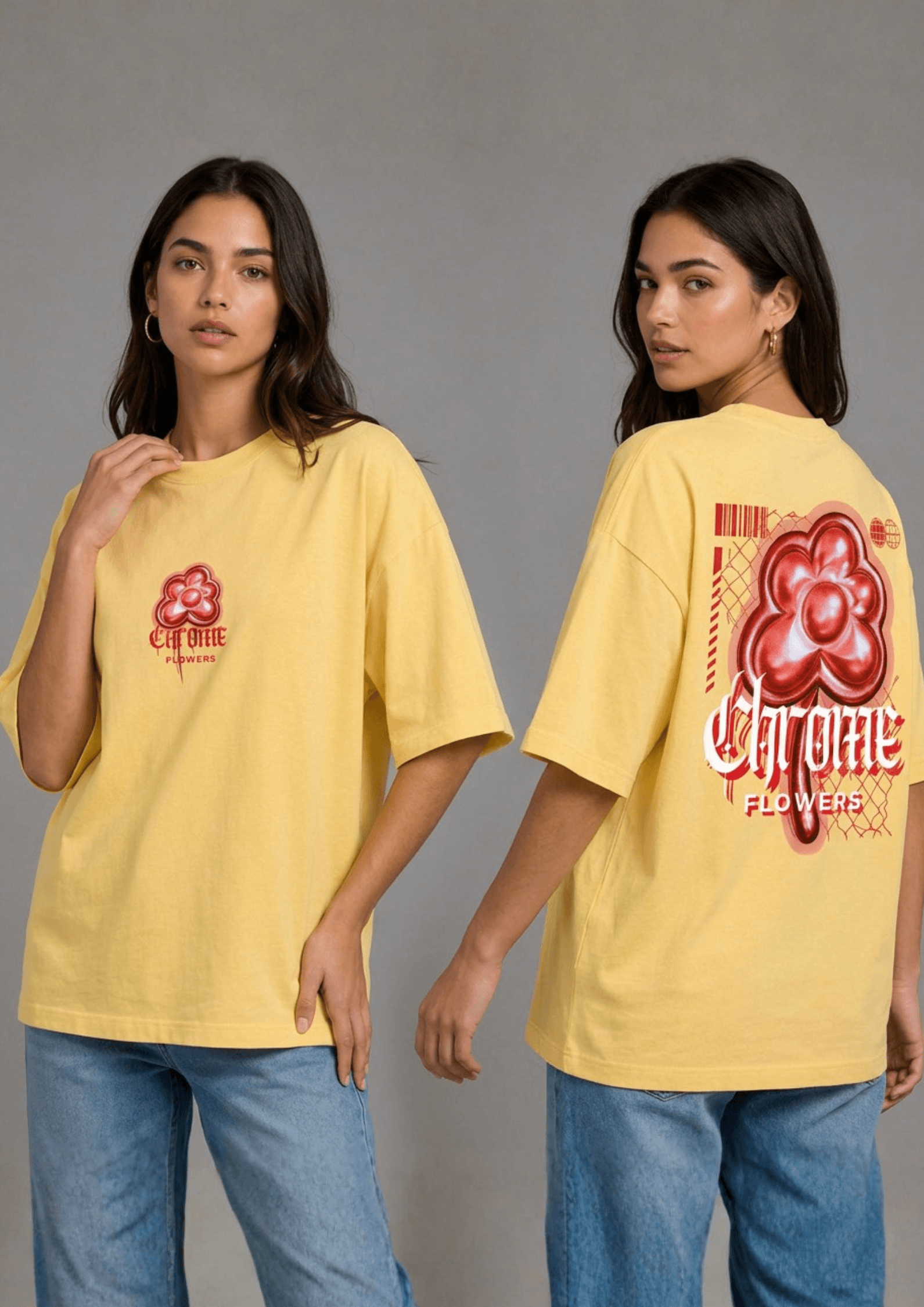 Women’s Printed Oversized  T-Shirt – Chrome Flowers
