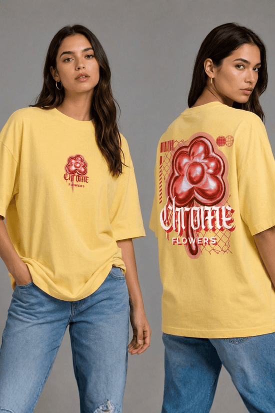 Women’s Printed Oversized  T-Shirt – Chrome Flowers