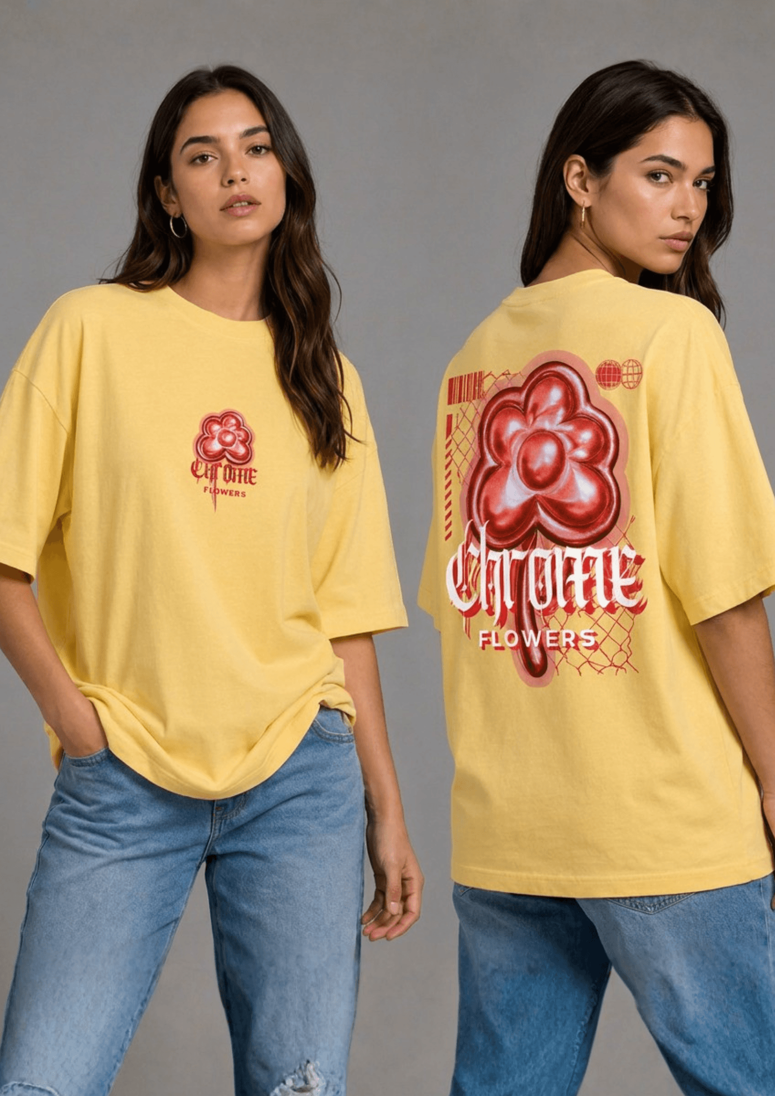 Women’s Printed Oversized  T-Shirt – Chrome Flowers