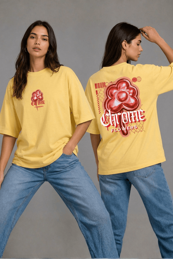Women’s Printed Oversized  T-Shirt – Chrome Flowers