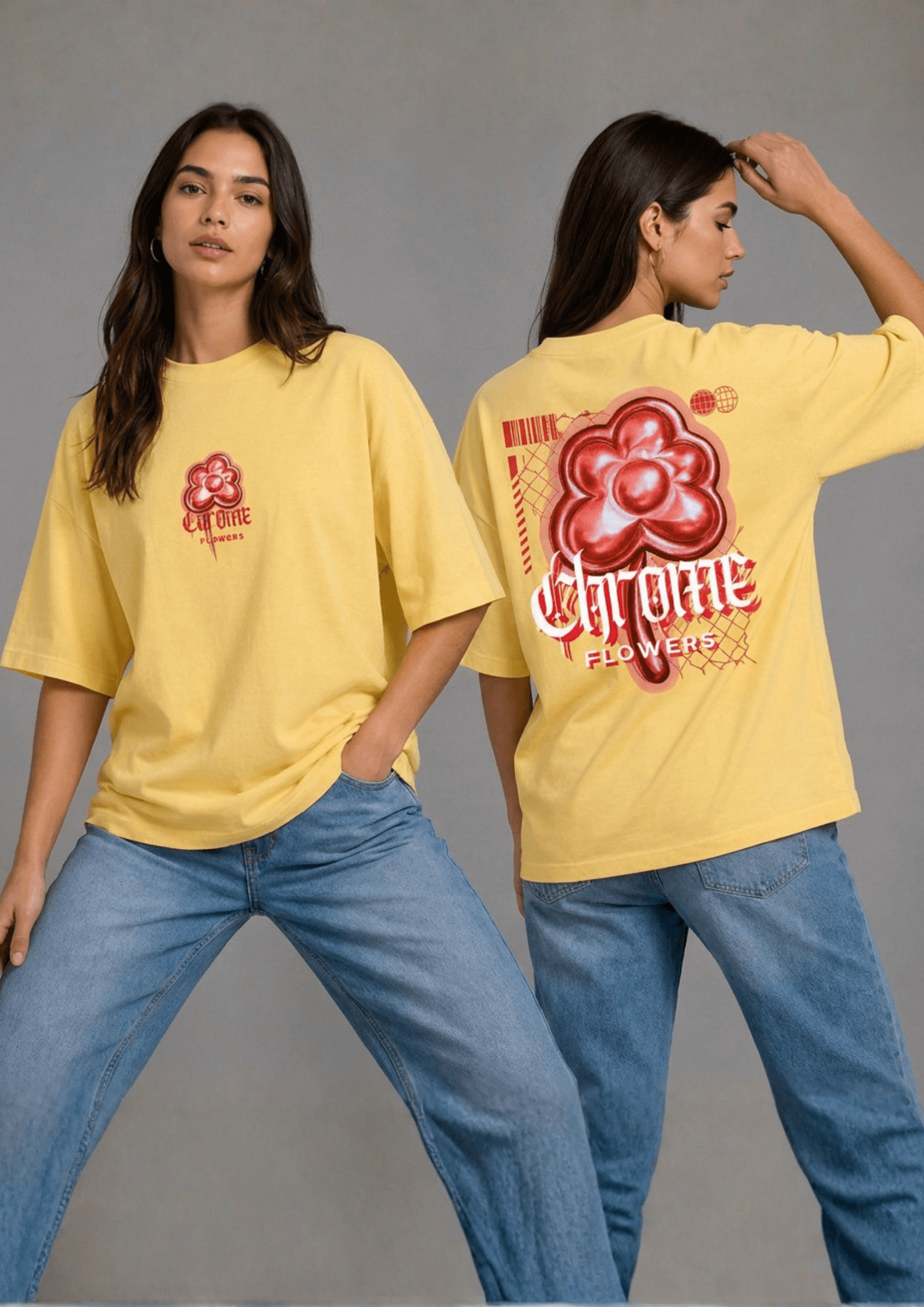 Women’s Printed Oversized  T-Shirt – Chrome Flowers