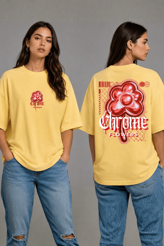 Women’s Printed Oversized  T-Shirt – Chrome Flowers