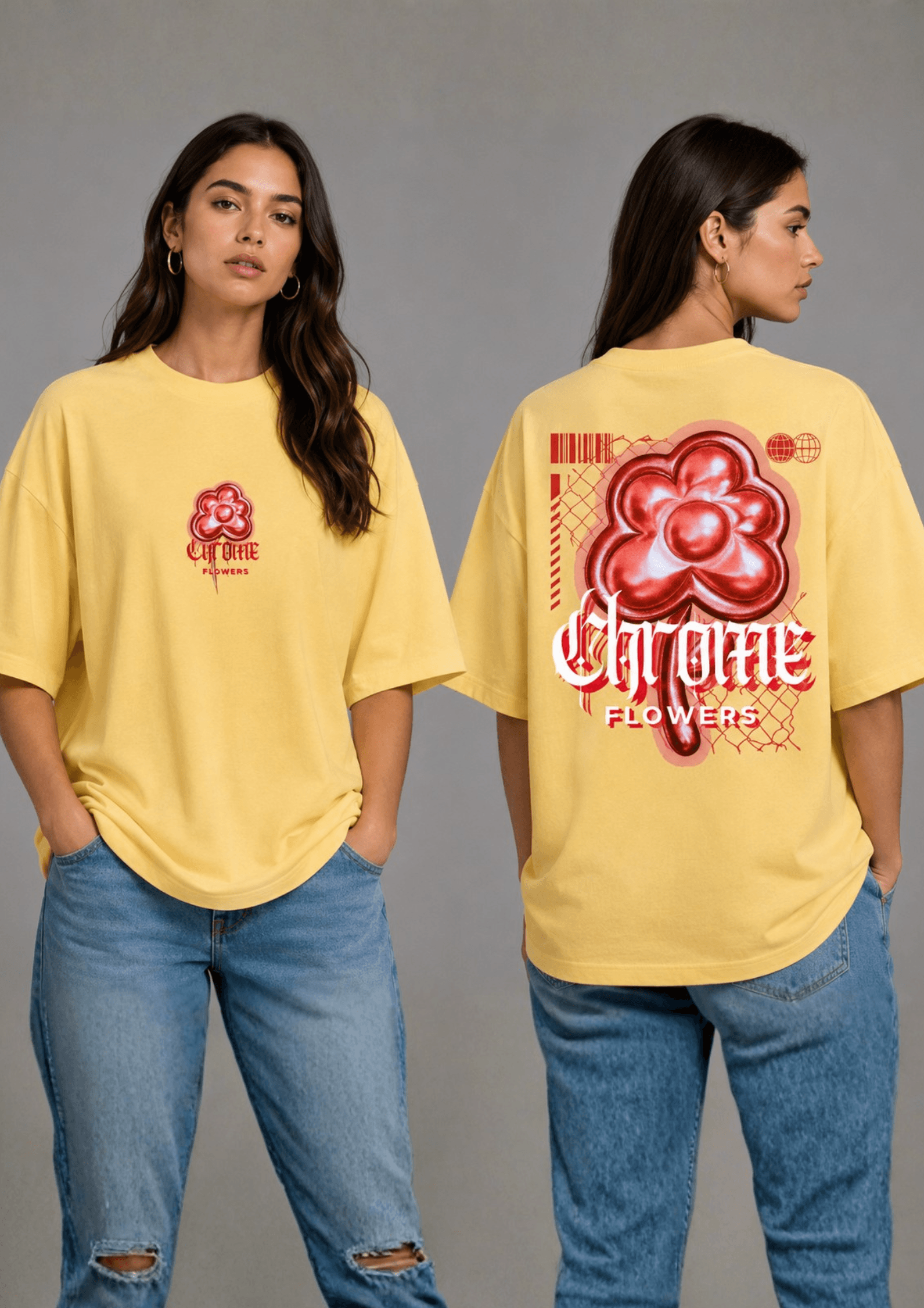 Women’s Printed Oversized  T-Shirt – Chrome Flowers