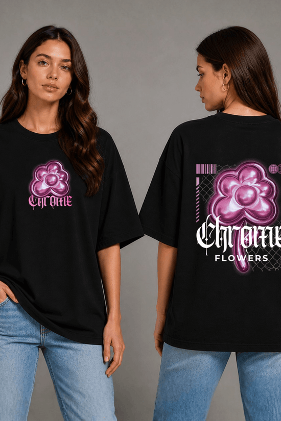 Women’s Printed Oversized  T-Shirt – Chrome Flowers