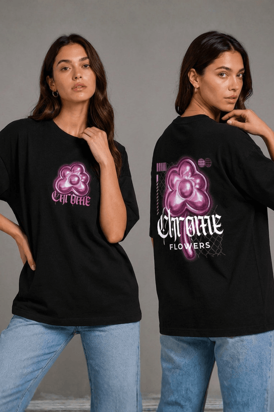 Women’s Printed Oversized  T-Shirt – Chrome Flowers