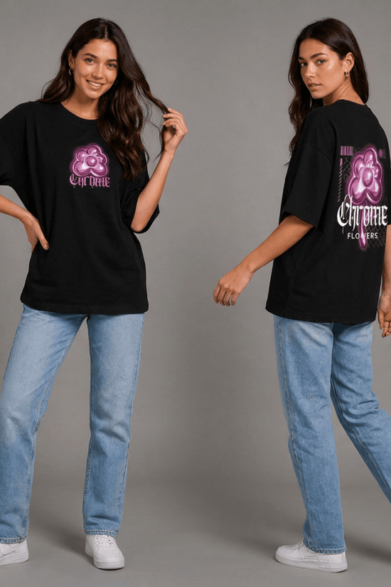 Women’s Printed Oversized  T-Shirt – Chrome Flowers