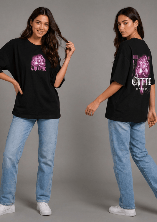 Women’s Printed Oversized  T-Shirt – Chrome Flowers