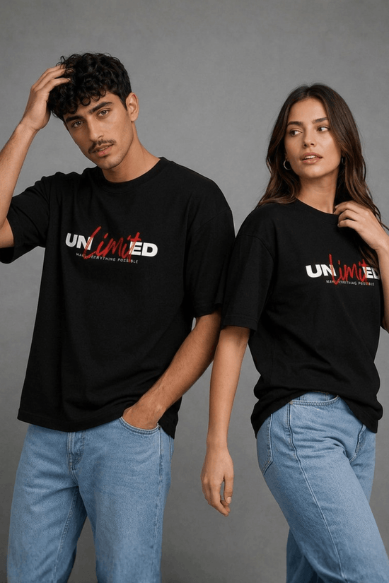 Two people wearing black t-shirts with 'Unlimted' logo on a gray background